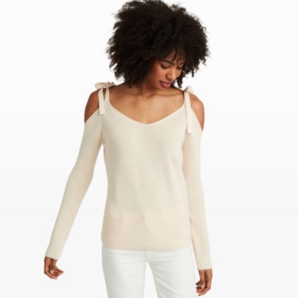 Club Monaco NWOT Cream Tie Cold Shoulder Ribbed Knit Long Sleeve Sweater… - Picture 1 of 11